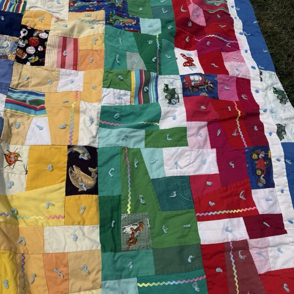 Vintage Handmade Patchwork Tied Quilt Upcycled Clothing Kids 52x63